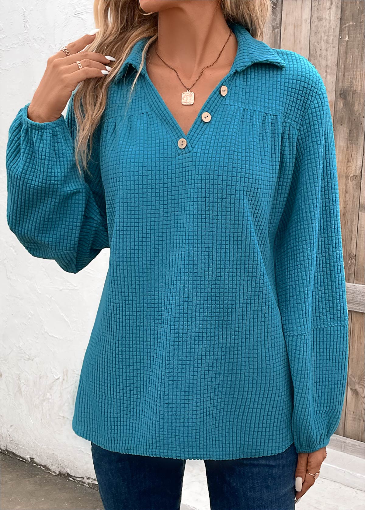 Plus Size Peacock Blue Ruched Long Sleeve Blouse