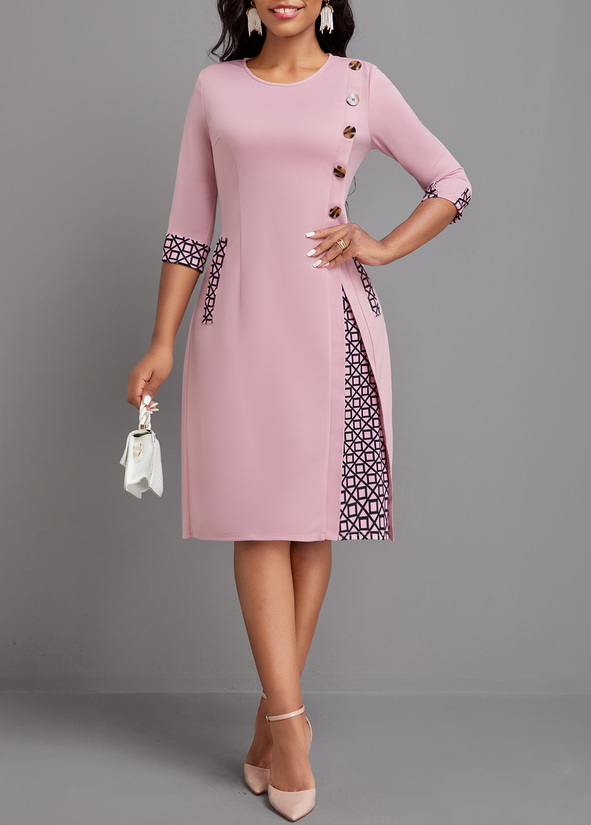 Pink Button Geometric Print A Line Dress