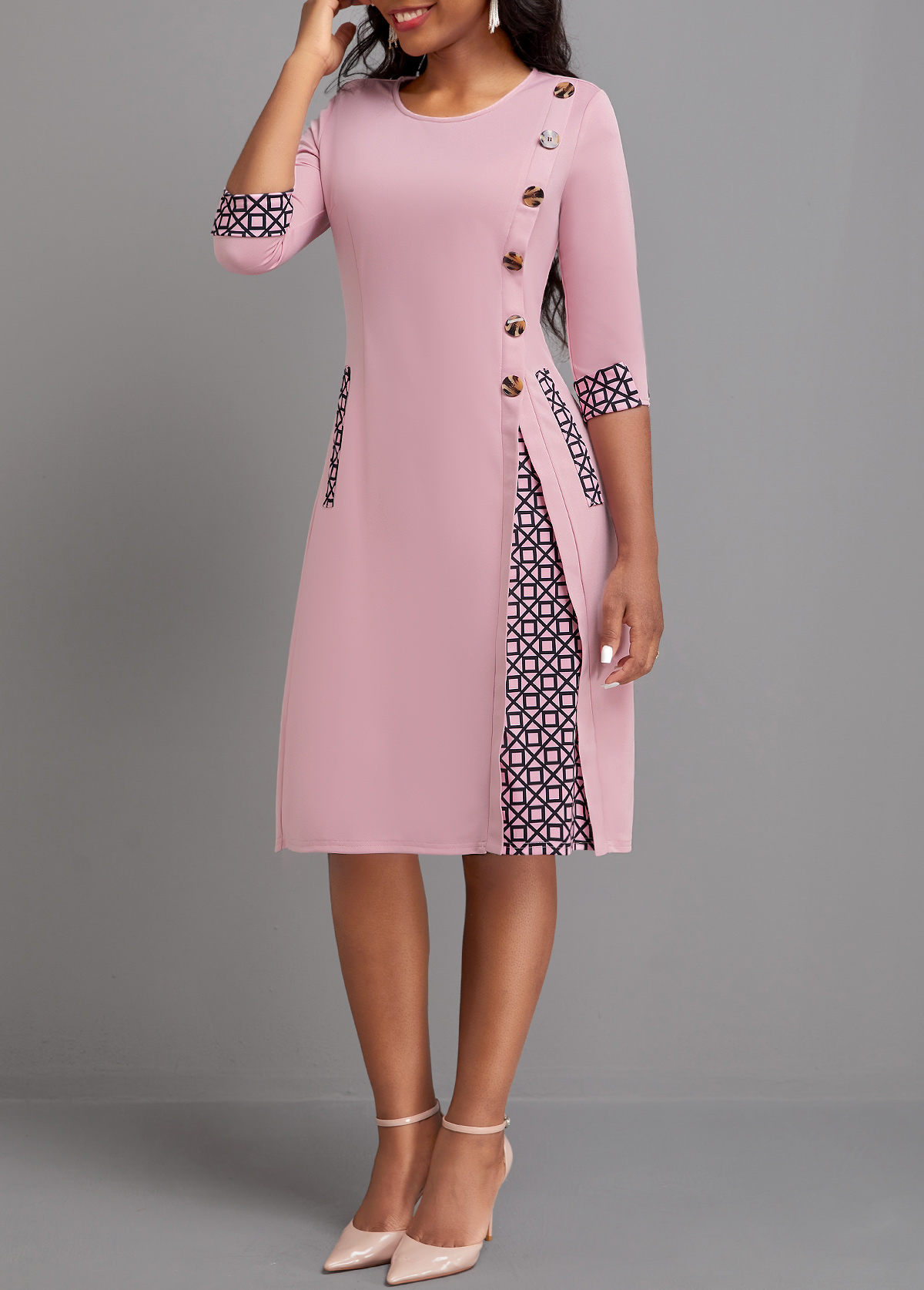 Pink Button Geometric Print A Line Dress