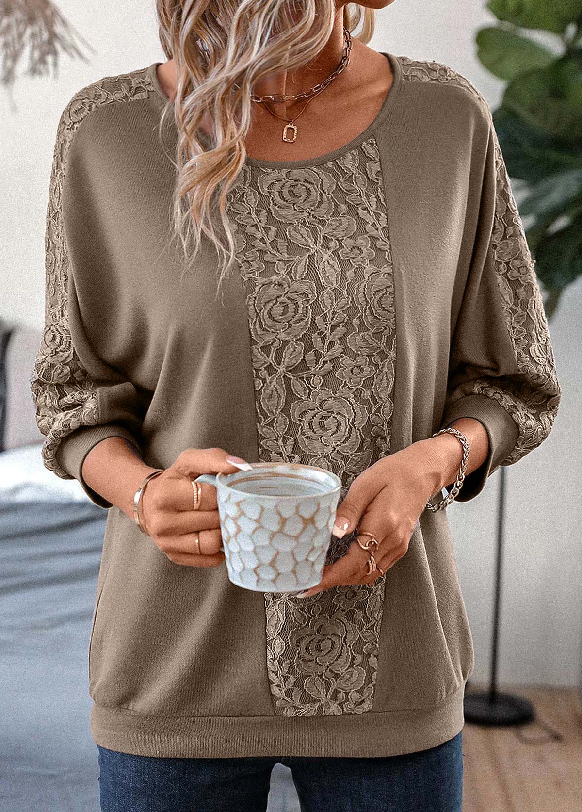 Lace Light Coffee Patchwork T Shirt