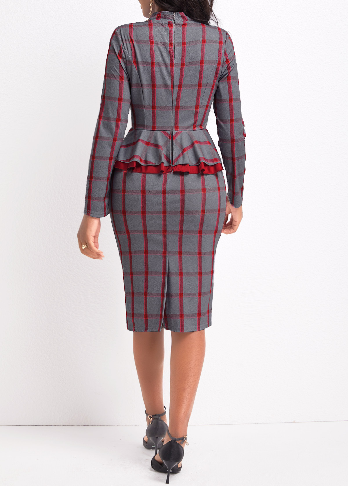 Red Ruffle Plaid Long Sleeve Stand Collar Bodycon Dress