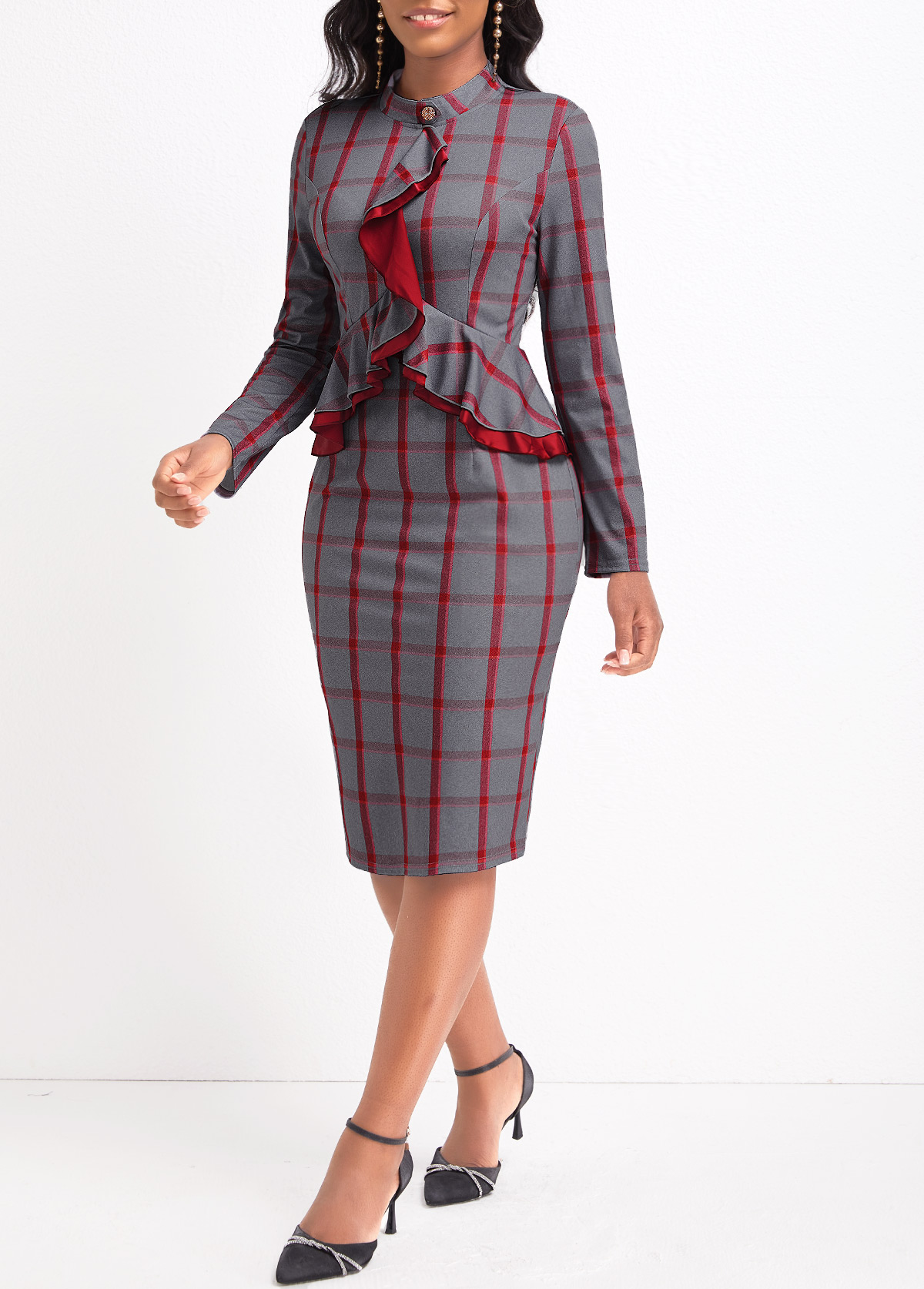 Red Ruffle Plaid Long Sleeve Stand Collar Bodycon Dress