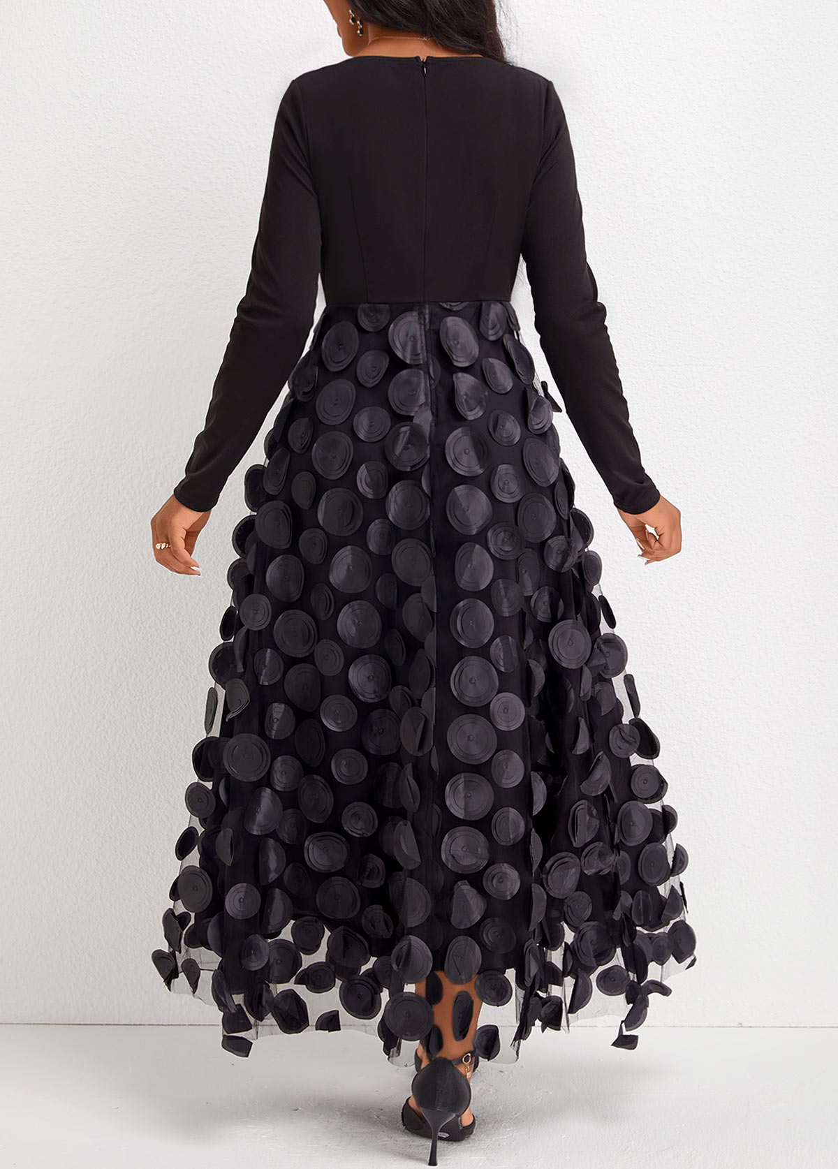 Black Patchwork Long Sleeve Split Neck Maxi Dress