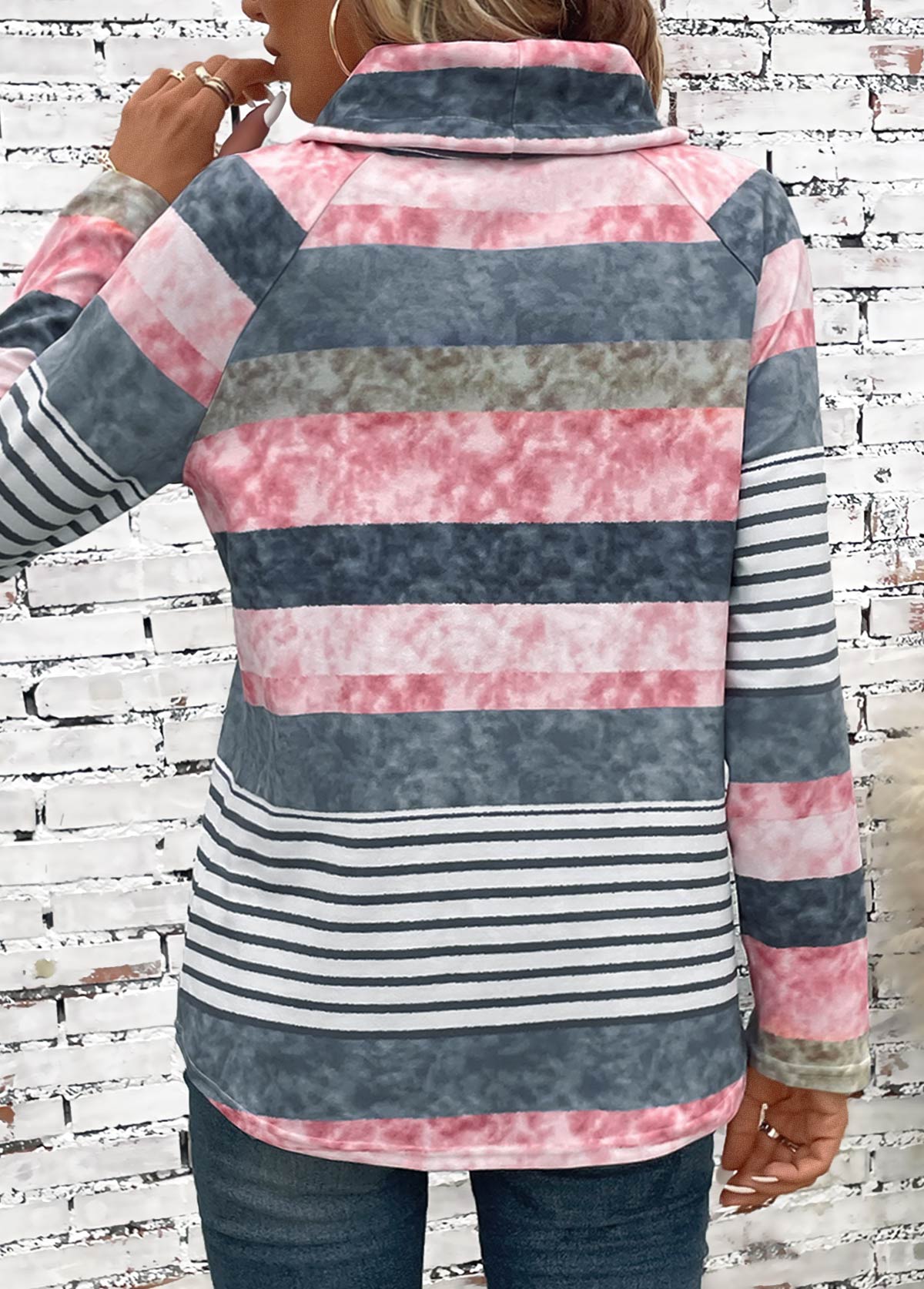 Multi Color Drawstring Striped Long Sleeve Cowl Neck Sweatshirt