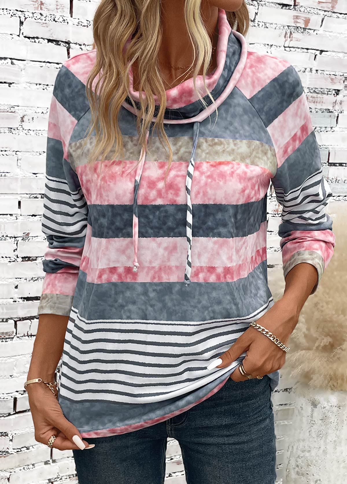 Multi Color Drawstring Striped Long Sleeve Cowl Neck Sweatshirt