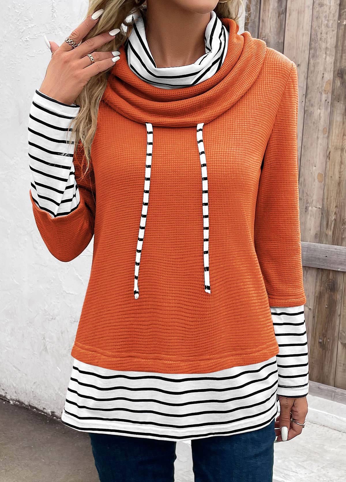 Orange Patchwork Striped Long Sleeve Cowl Neck Sweatshirt