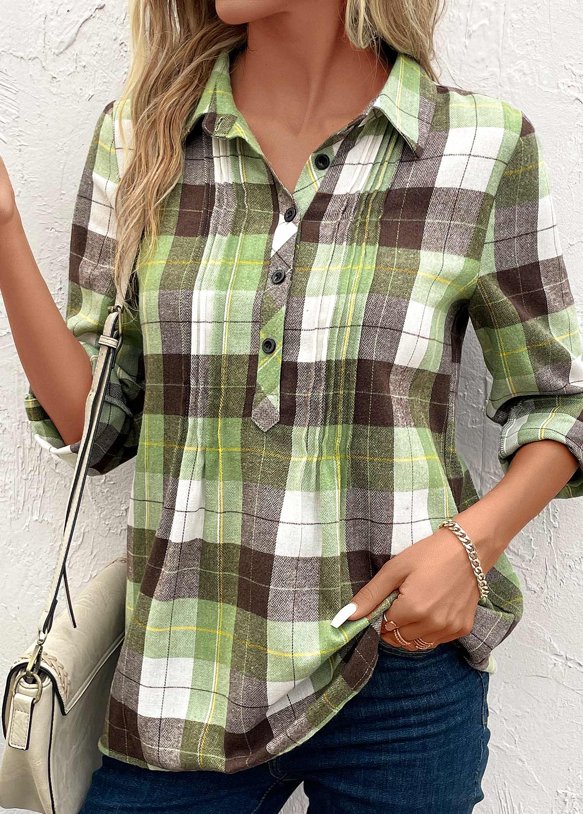Multi Color Tuck Stitch Plaid Long Sleeve Blouse | picture 