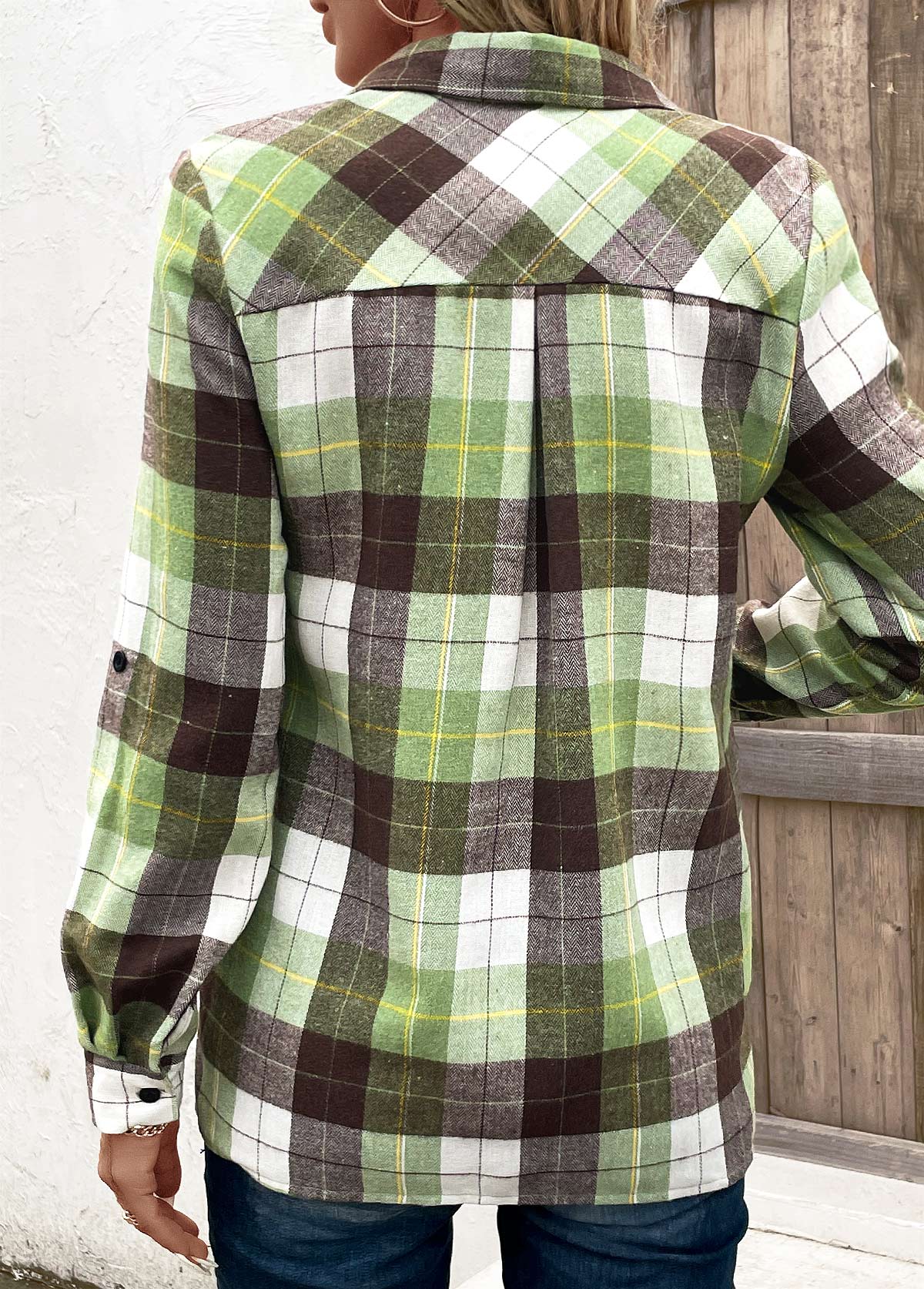 Multi Color Tuck Stitch Plaid Long Sleeve Blouse | picture 