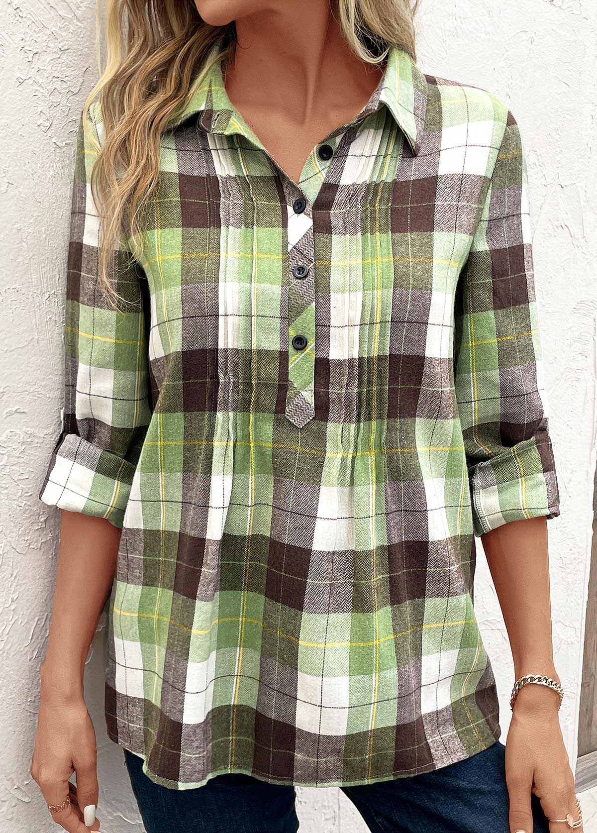 Multi Color Tuck Stitch Plaid Long Sleeve Blouse | picture 