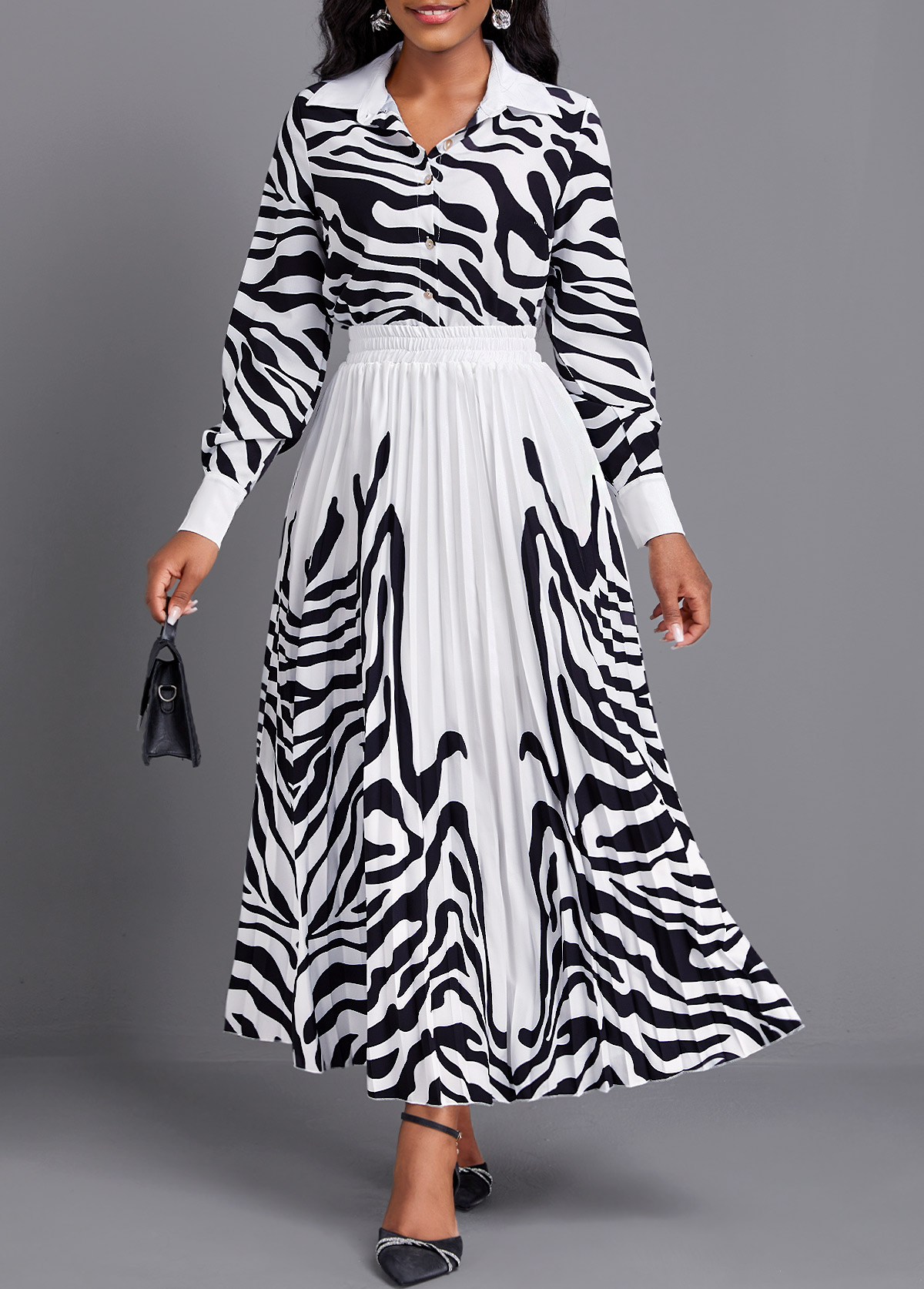 White Pleated Zebra Stripe Print Maxi Top and Skirt