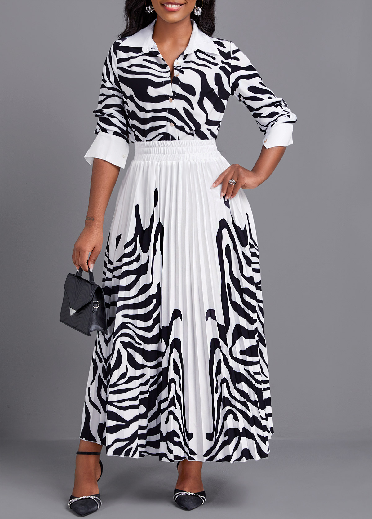 White Pleated Zebra Stripe Print Maxi Top and Skirt