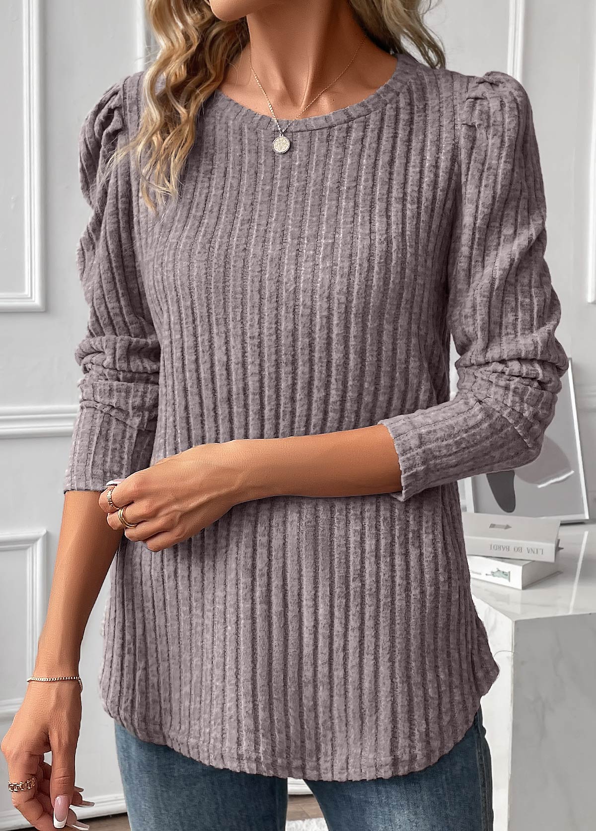 Grey Ruched Long Sleeve Round Neck T Shirt