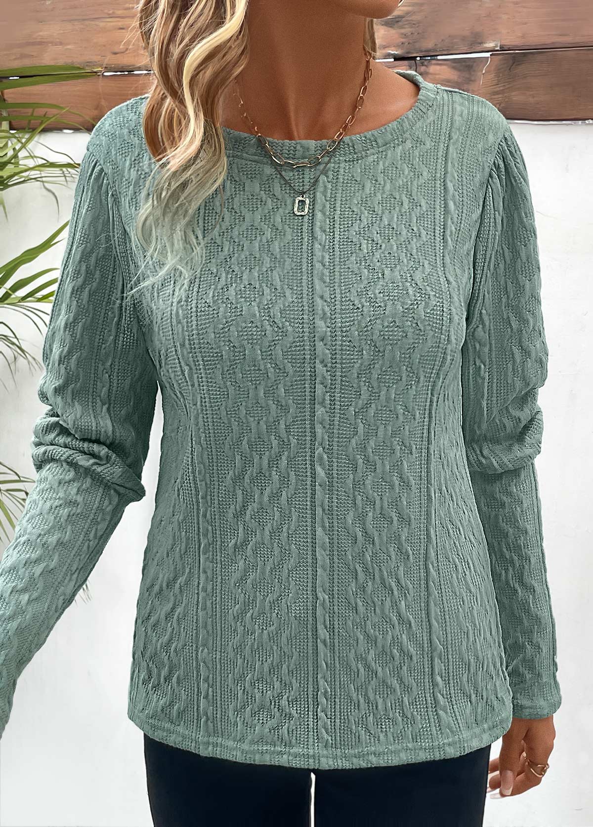 Sage Green Ruched Long Sleeve Round Neck T Shirt