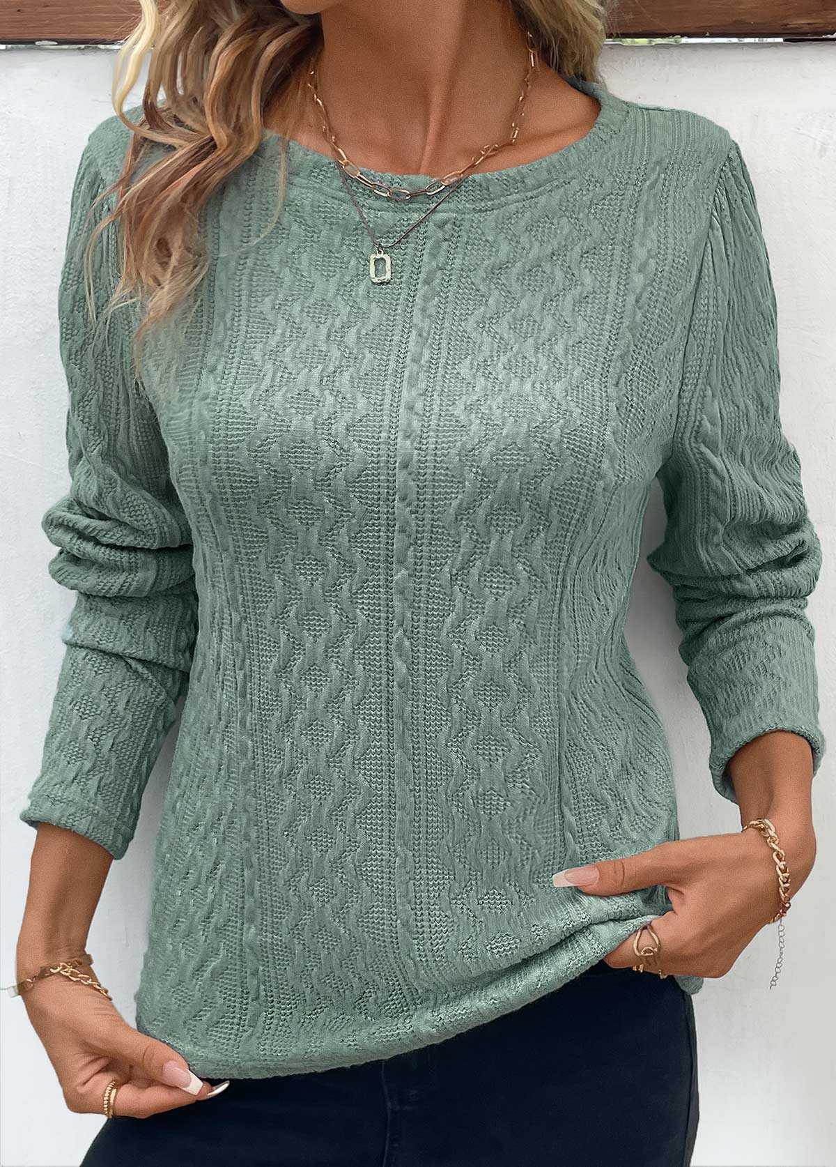 Sage Green Ruched Long Sleeve Round Neck T Shirt