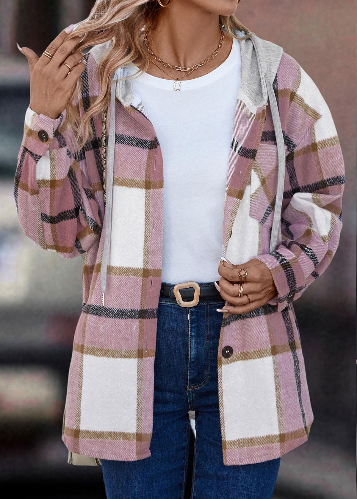 Pink Button Plaid Long Sleeve Hooded Coat