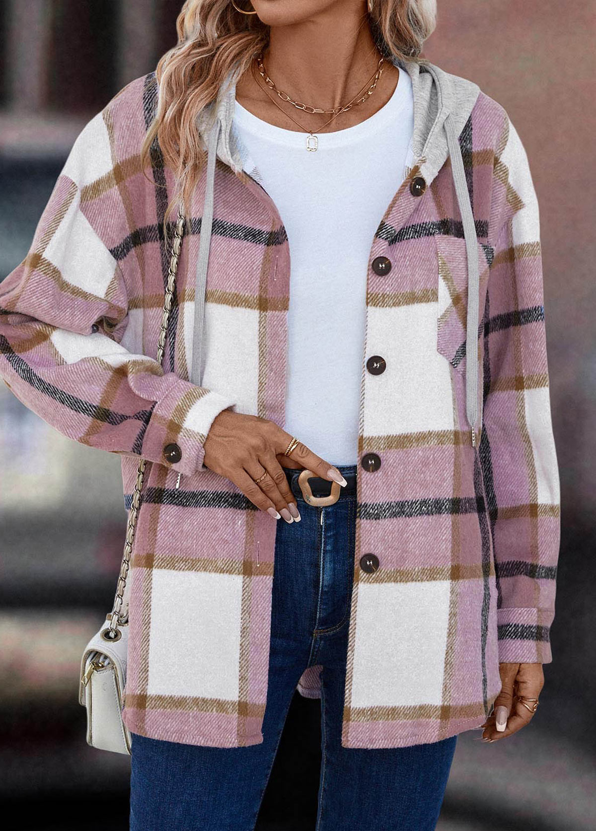 Pink Button Plaid Long Sleeve Hooded Coat