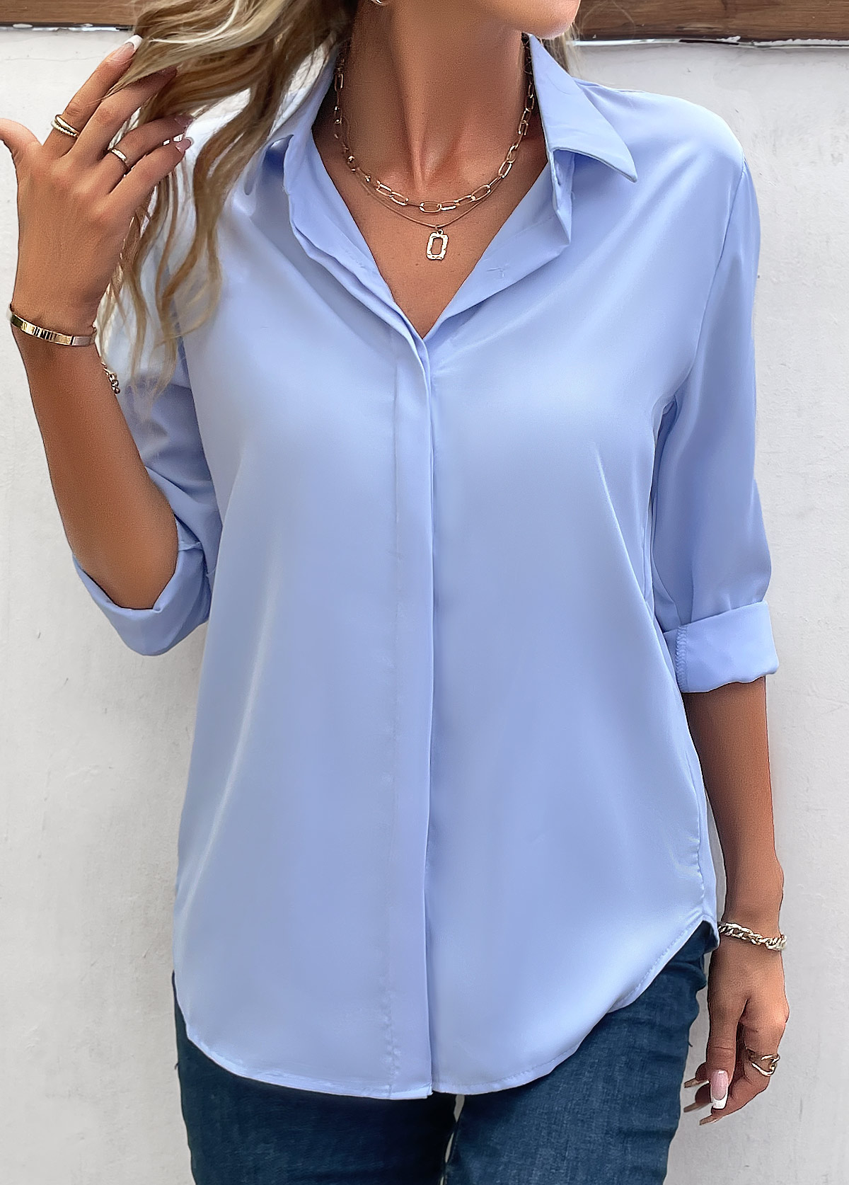 Blue Patchwork Long Sleeve Shirt Collar Blouse | modlily.com - USD 27.98