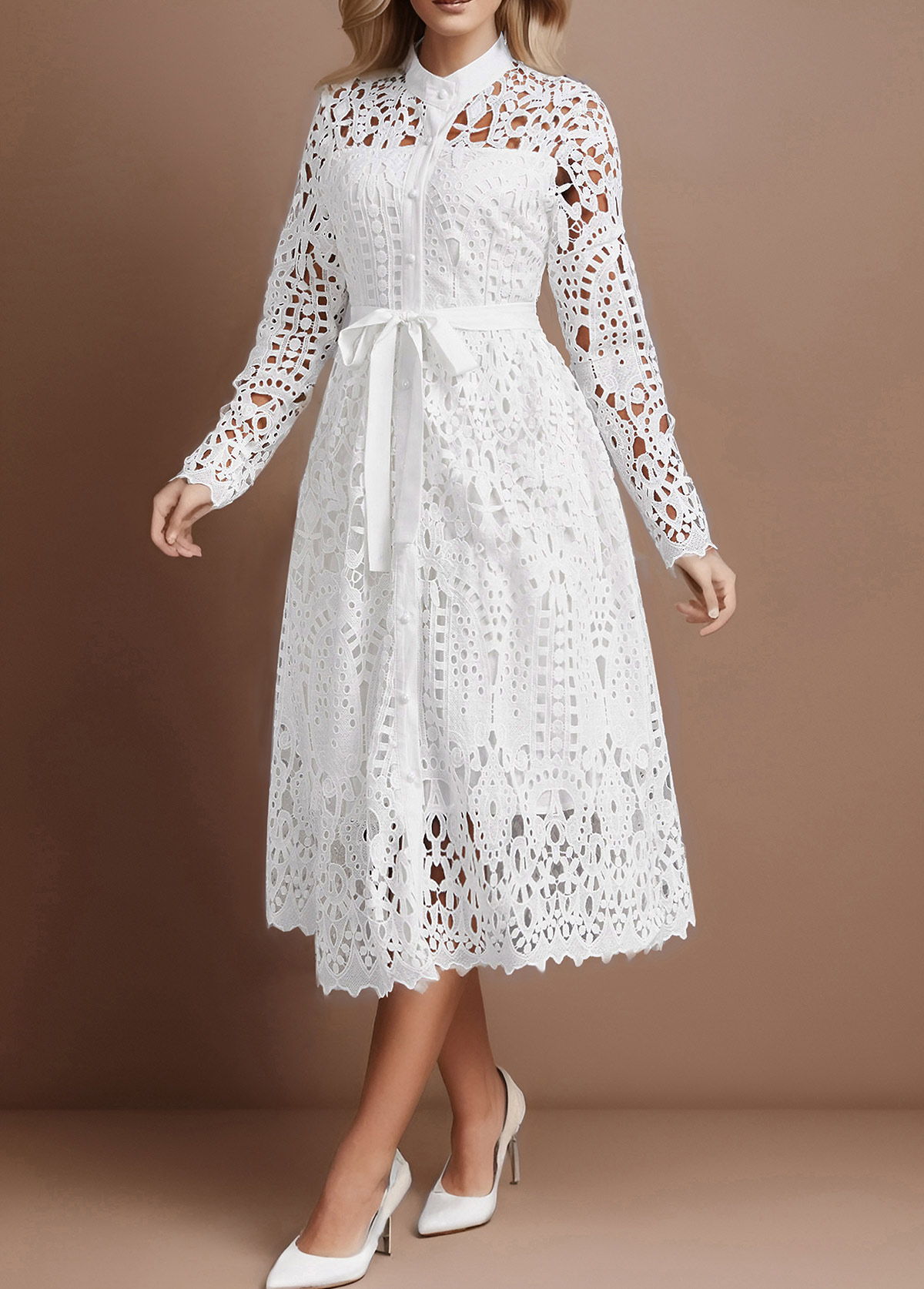 White Lace Belted Long Sleeve Stand Collar Dress