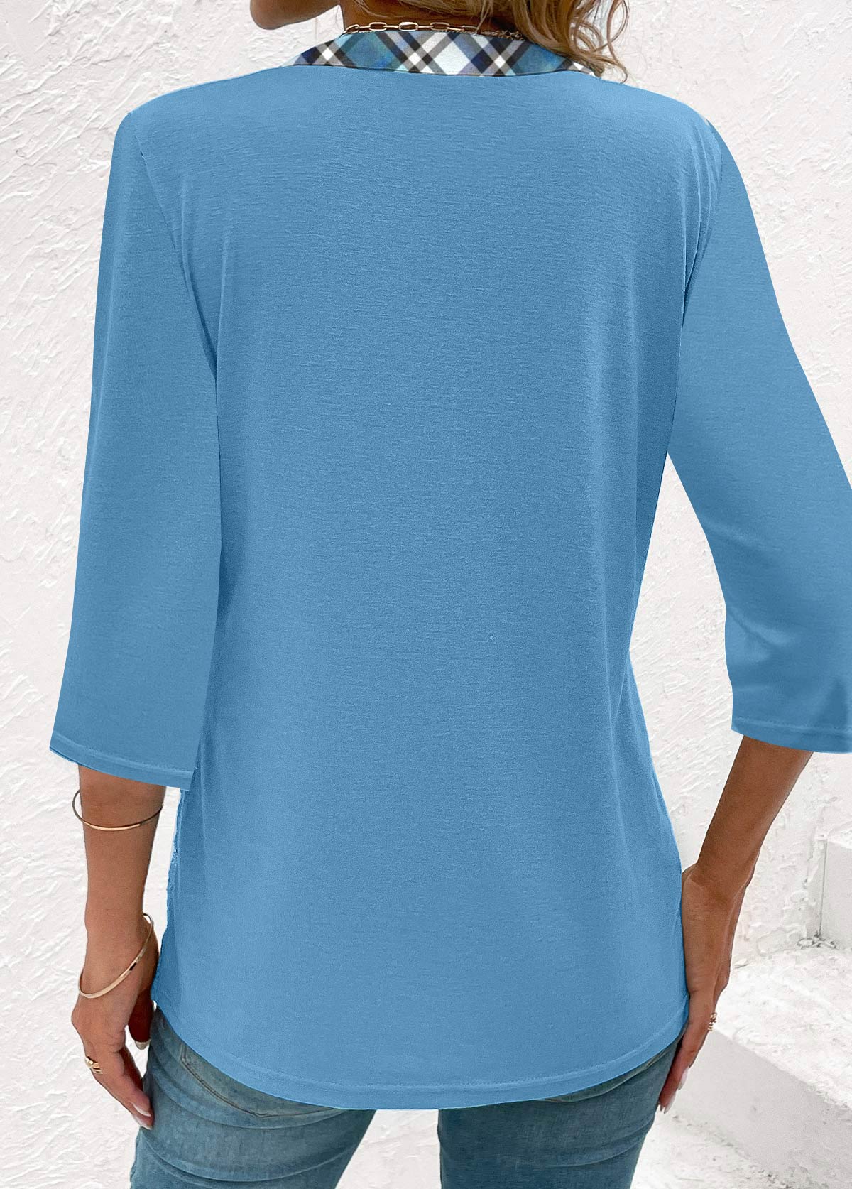 Light Blue Fake 2in1 Plaid T Shirt