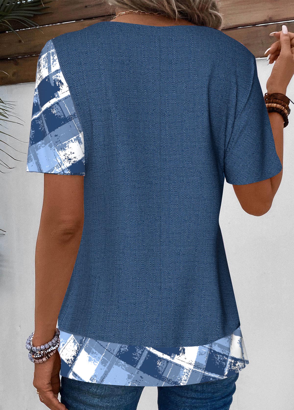 Denim Blue Patchwork Geometric Print T Shirt