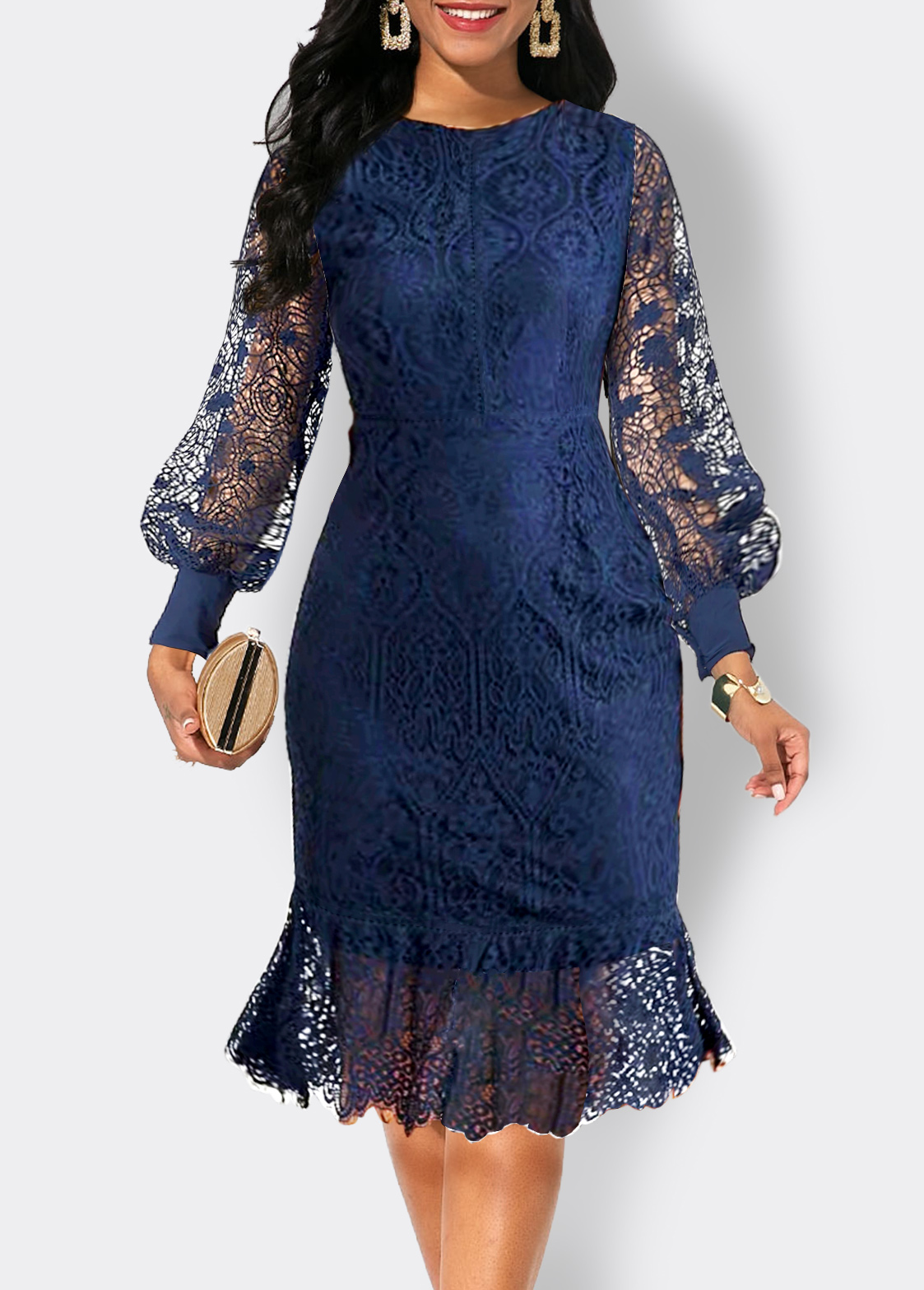 Navy Lace Long Sleeve Scoop Neck Bodycon Dress