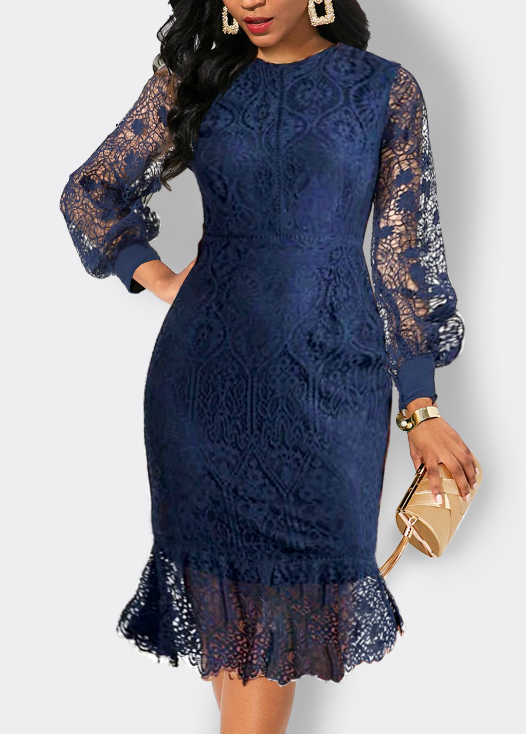 Navy Lace Long Sleeve Scoop Neck Bodycon Dress
