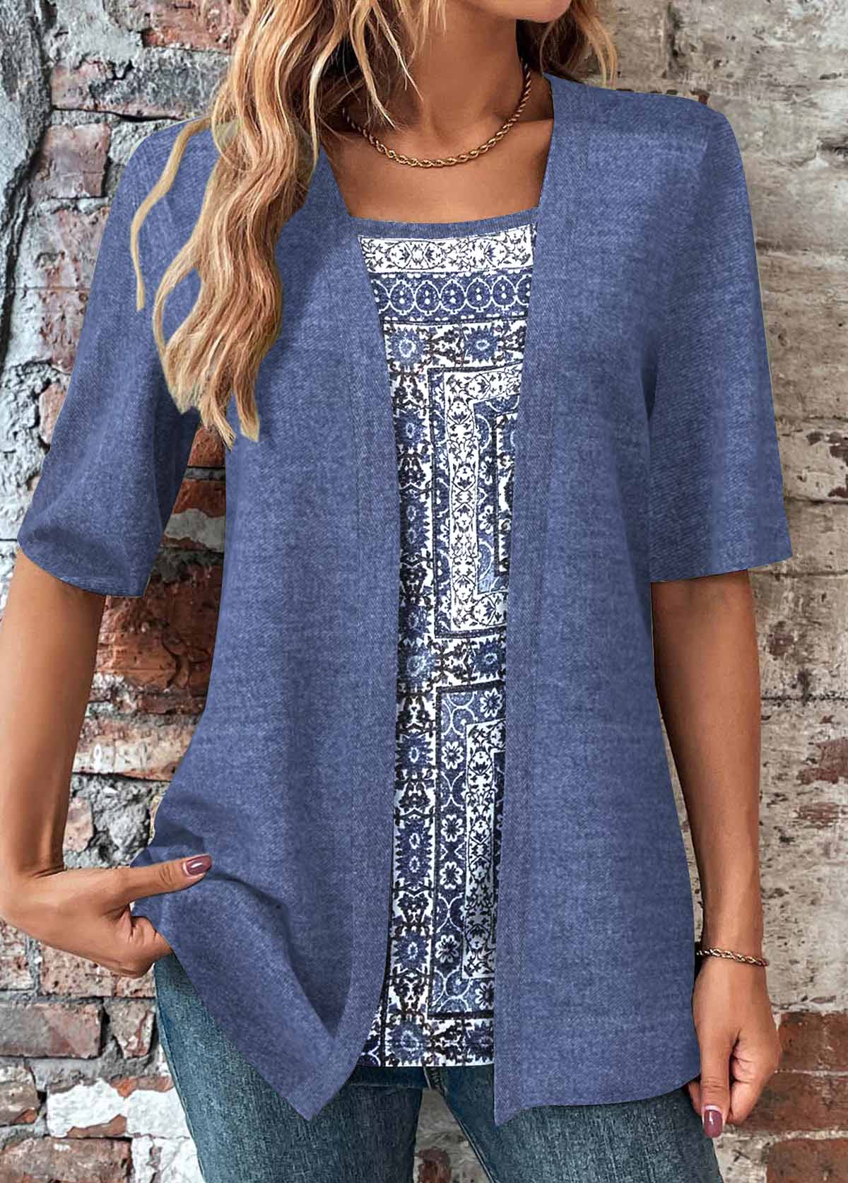 Dusty Blue Fake 2in1 Tribal Print T Shirt