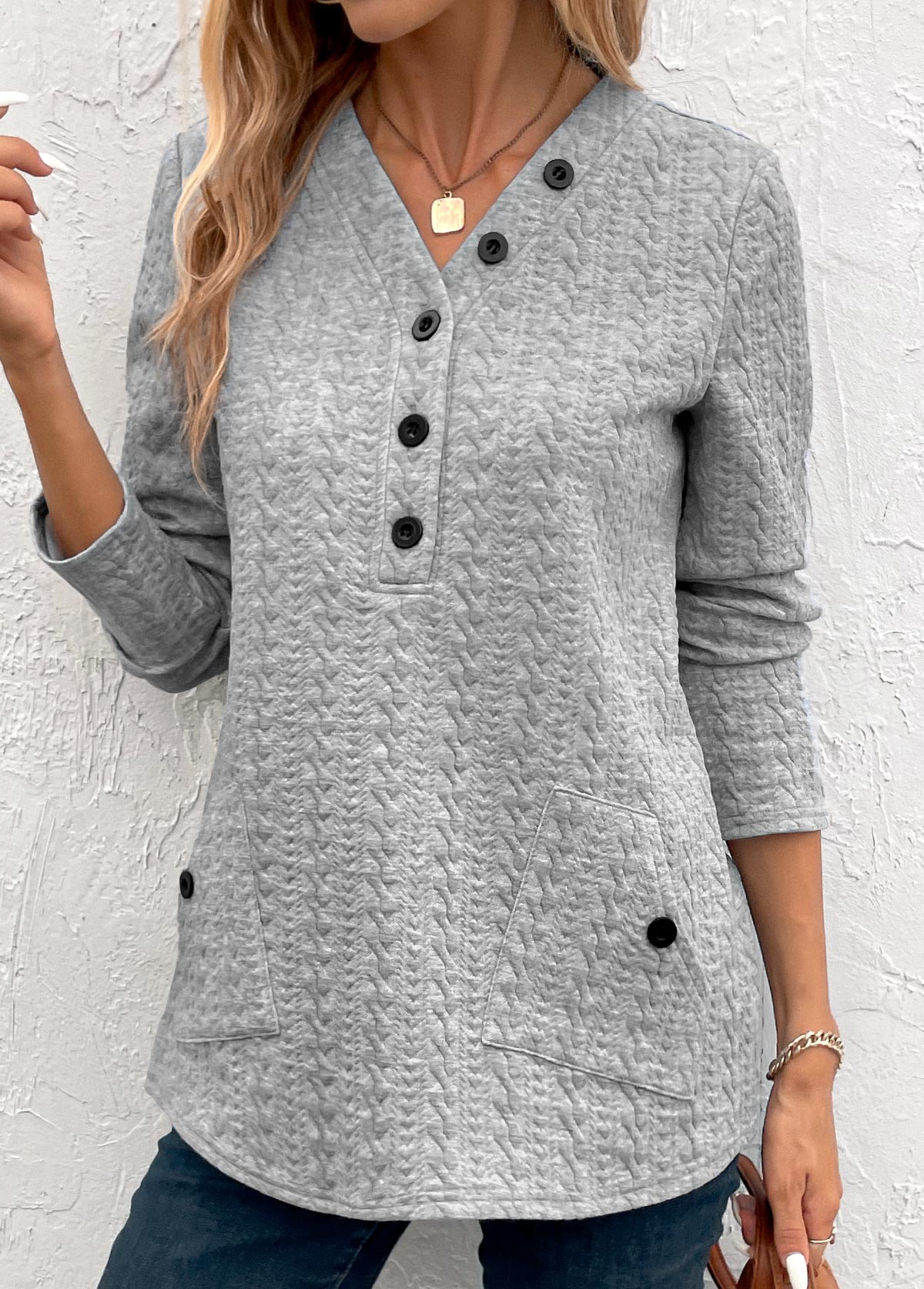Light Grey Pocket Long Sleeve V Neck Sweatshirt