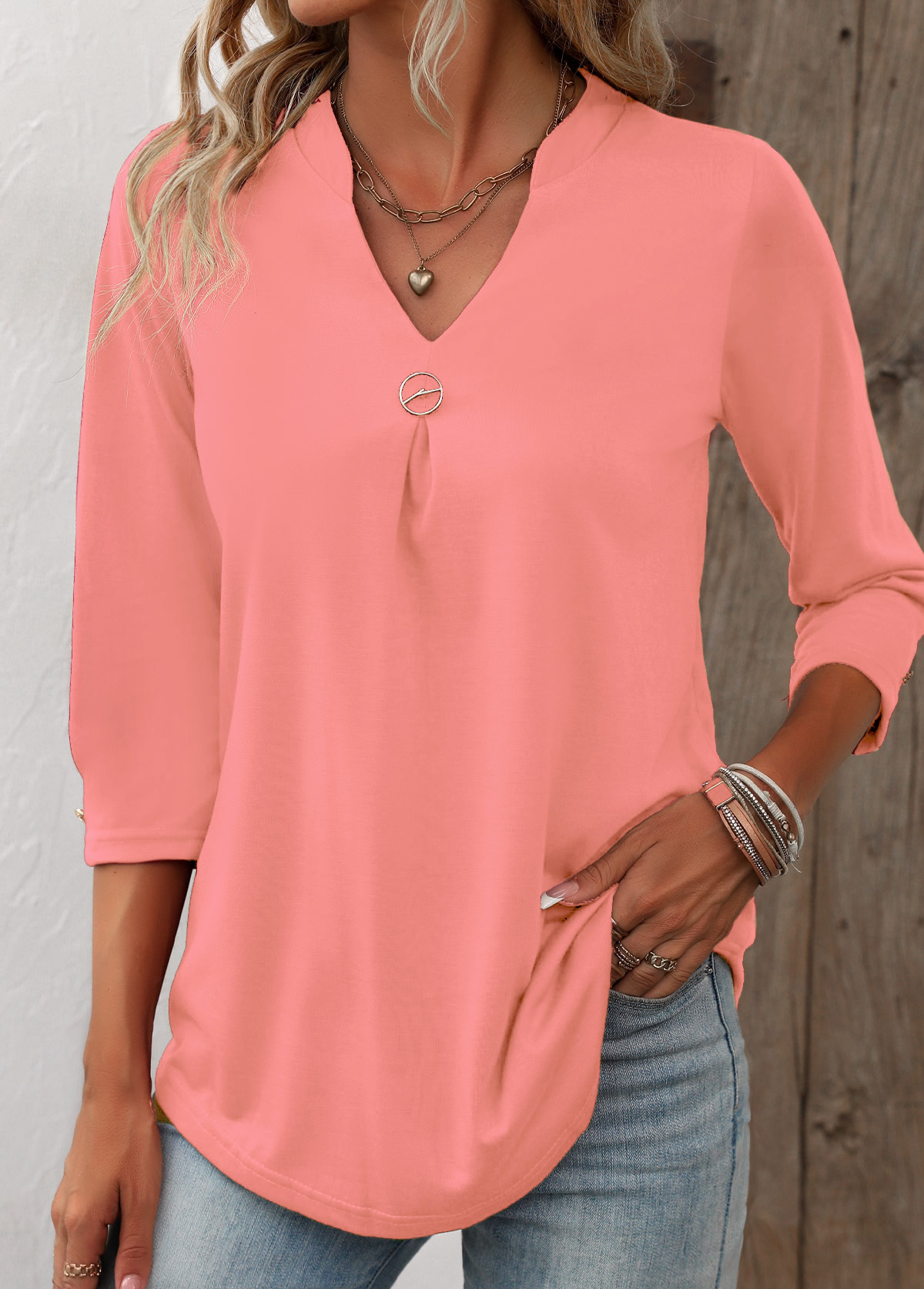 Split Neck Pink Circular Ring T Shirt | picture 