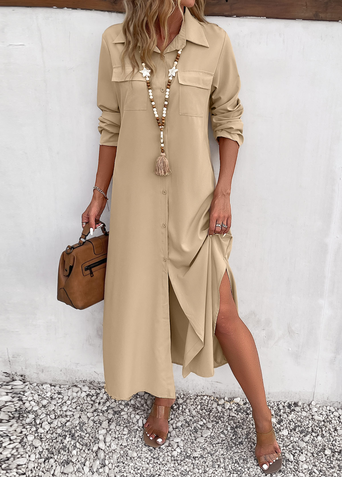 Light Camel Split Pocket Maxi Shift Dress