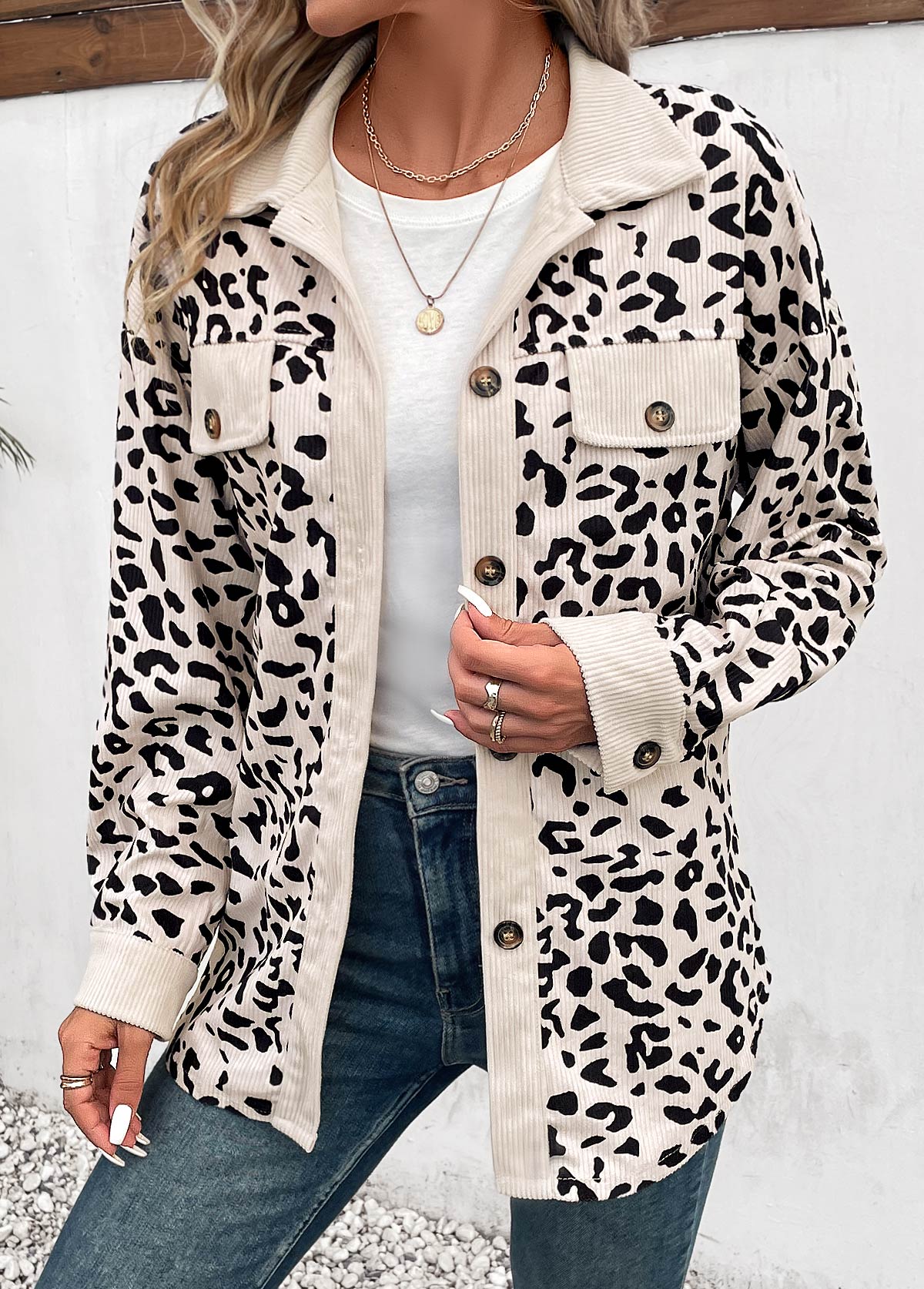 Beige Patchwork Leopard Long Sleeve Shirt Collar Coat