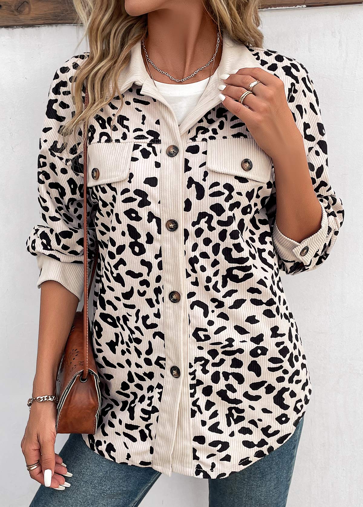 Beige Patchwork Leopard Long Sleeve Shirt Collar Coat