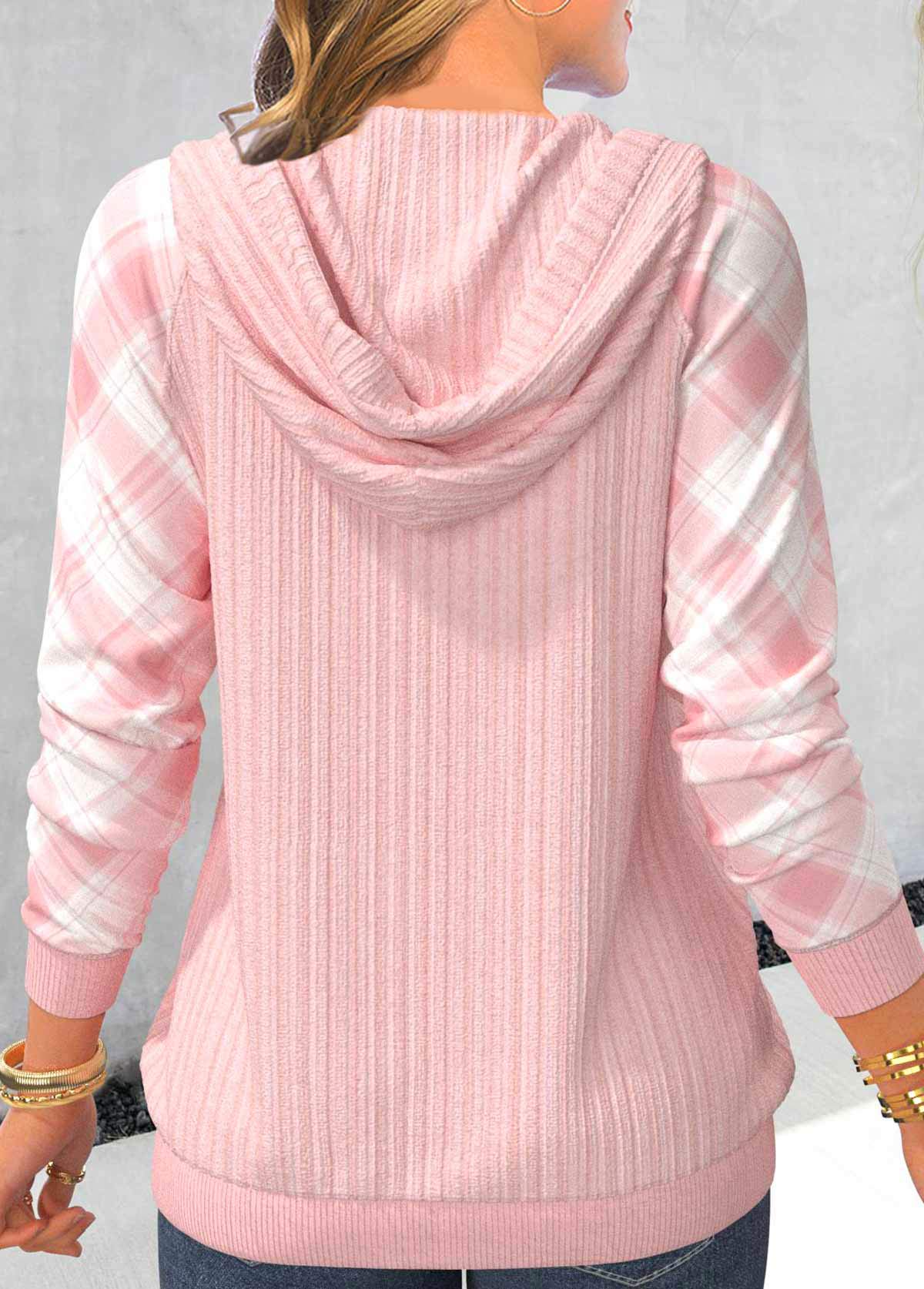 Light Pink Patchwork Plaid Long Sleeve Hoodie