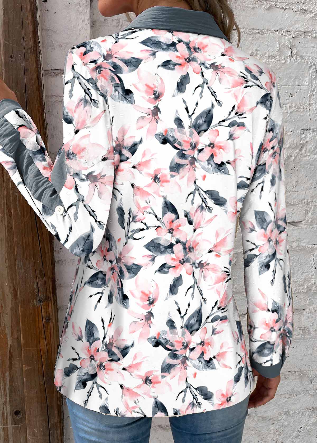 White Patchwork Floral Print Long Sleeve Blouse
