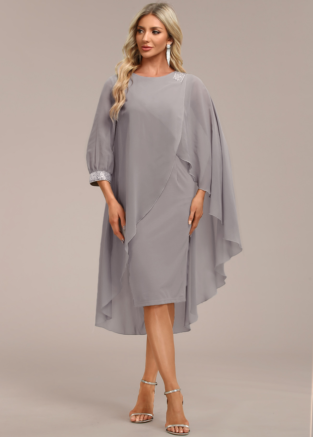 Grey Asymmetry Long Sleeve Zipper Back Dress USD 41.98