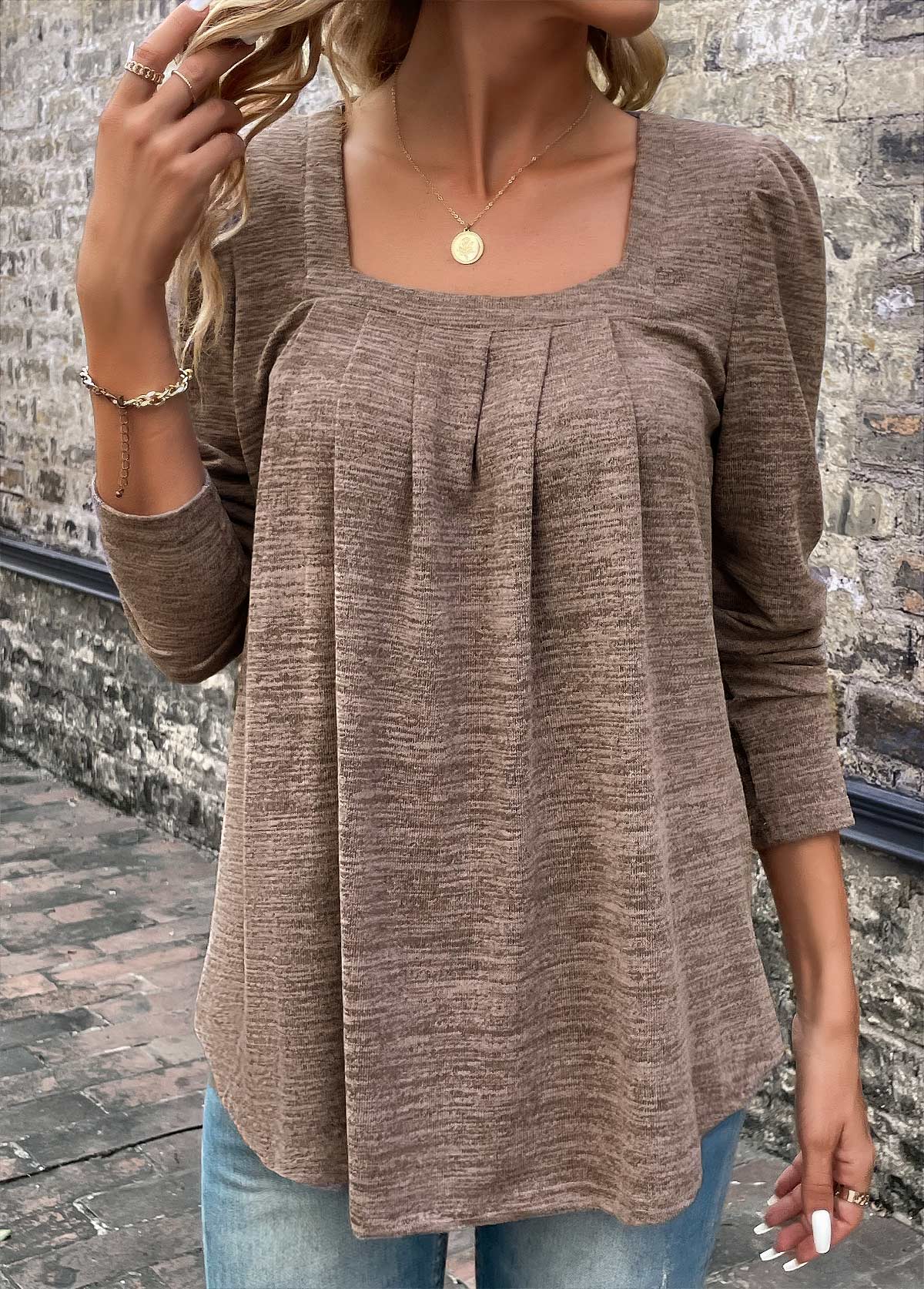 Light Coffee Pleated Long Sleeve Square Neck T Shirt