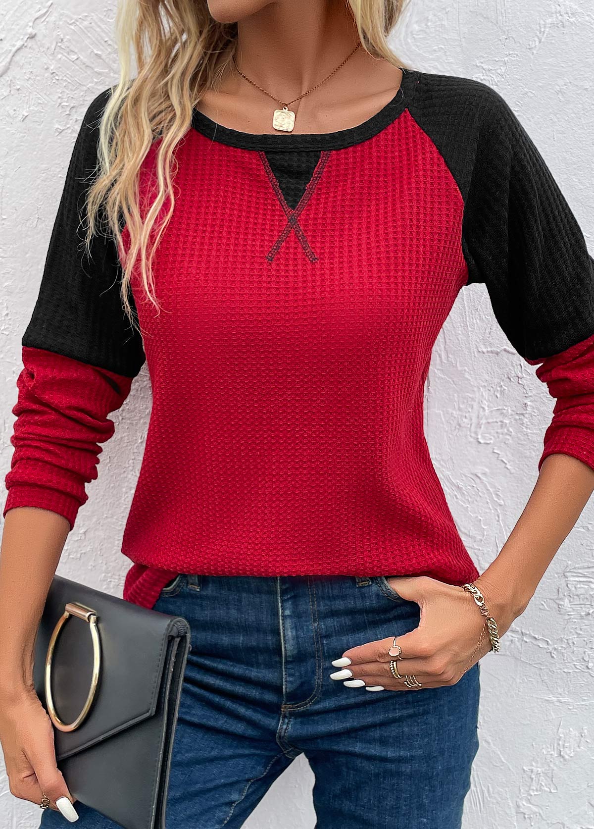 Wine Red Patchwork Long Sleeve Round Neck T Shirt