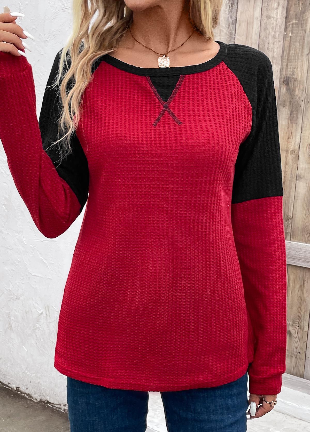 Wine Red Patchwork Long Sleeve Round Neck T Shirt