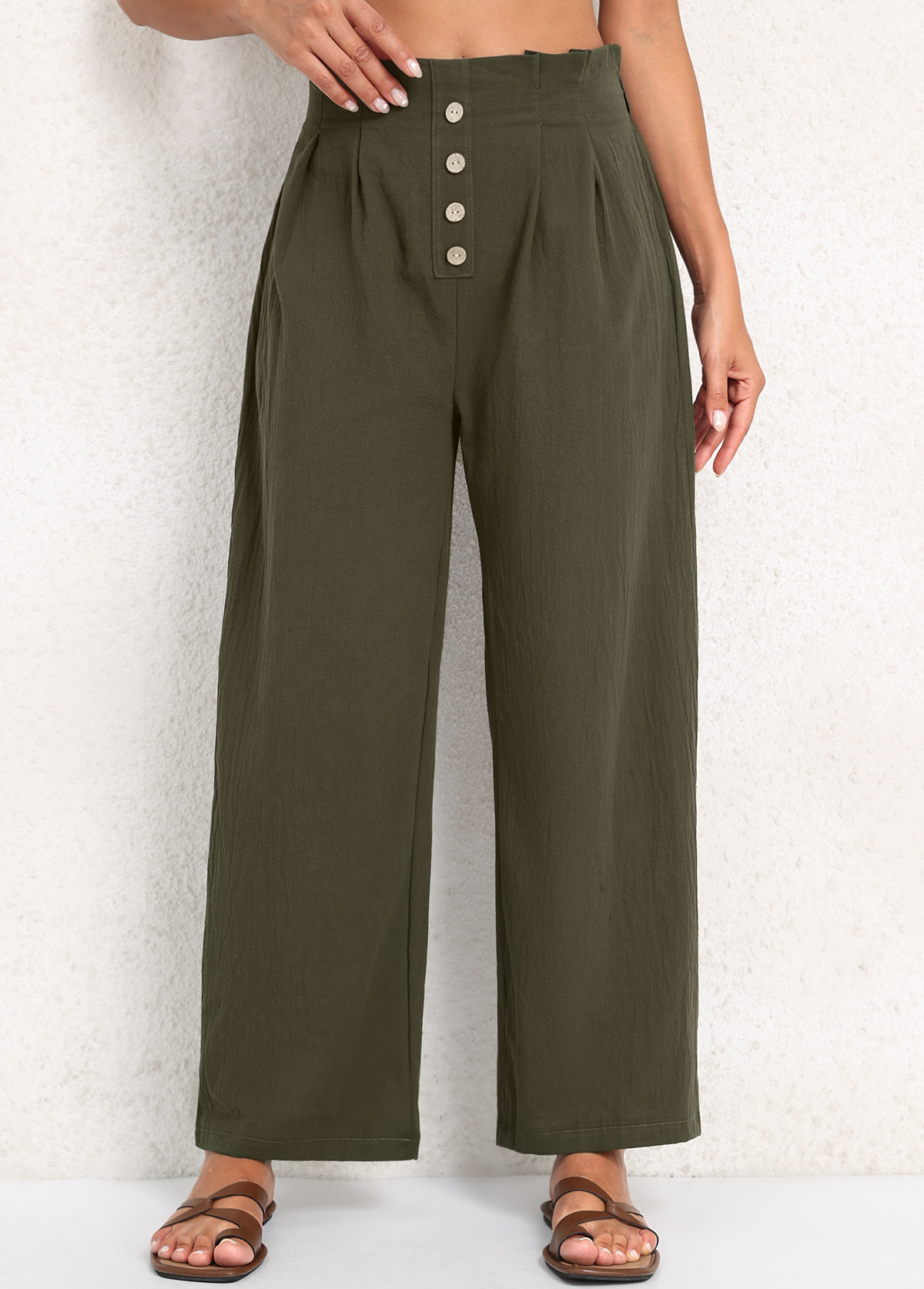 Olive Green Button Elastic Waist High Waisted Pants