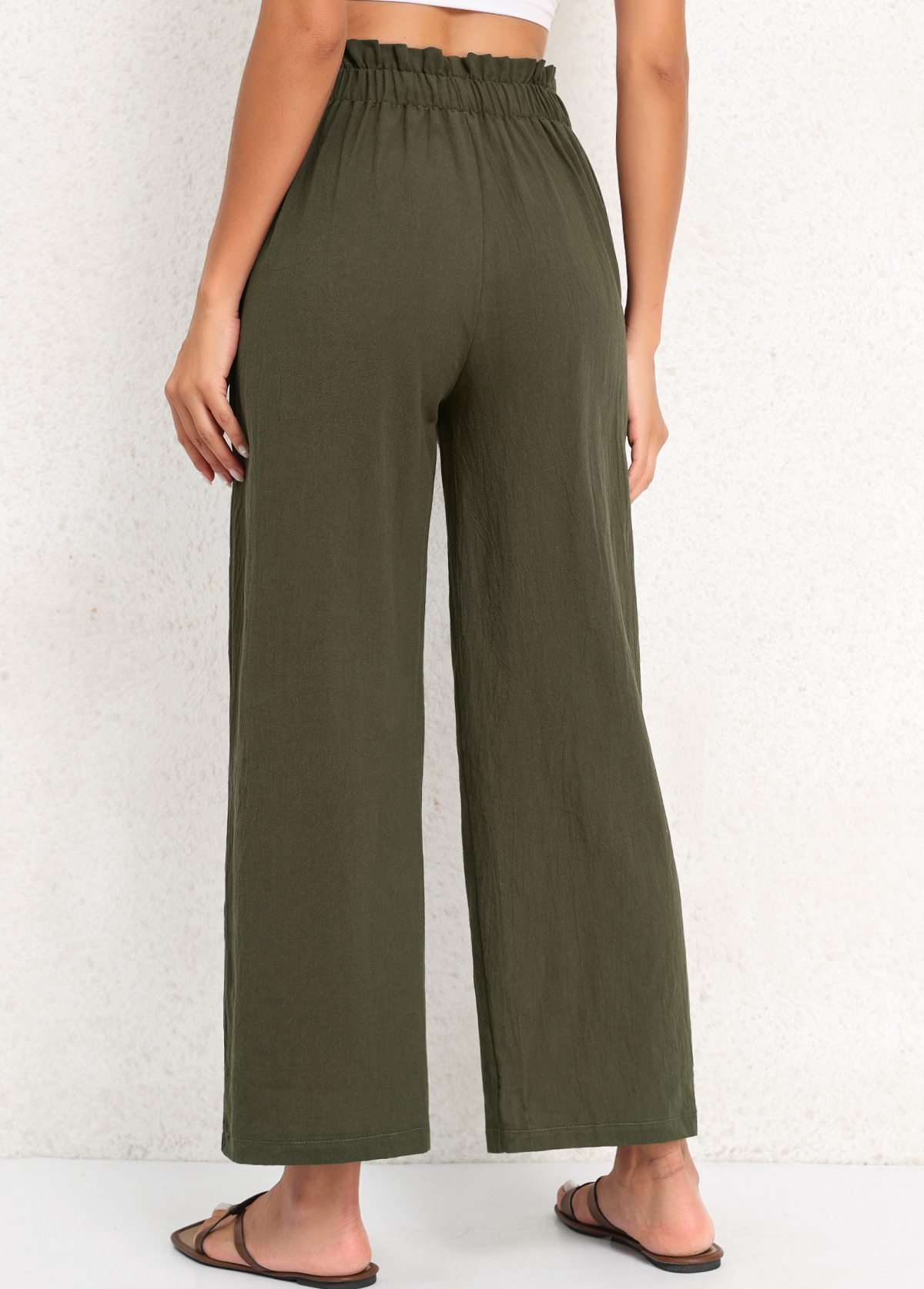 Olive Green Button Elastic Waist High Waisted Pants