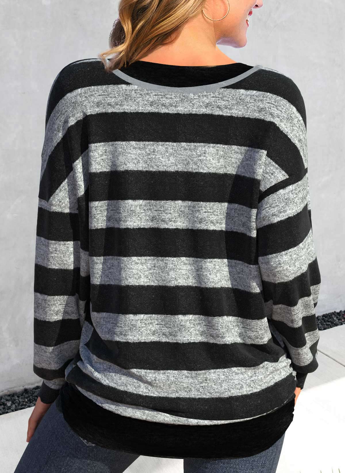 Black Fake 2in1 Striped Long Sleeve T Shirt