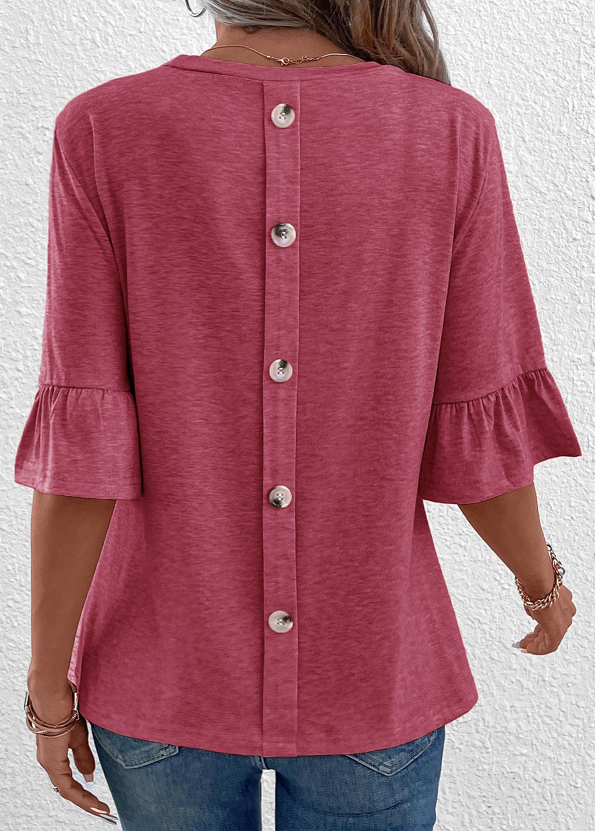 Coral Button Half Sleeve Round Neck T Shirt
