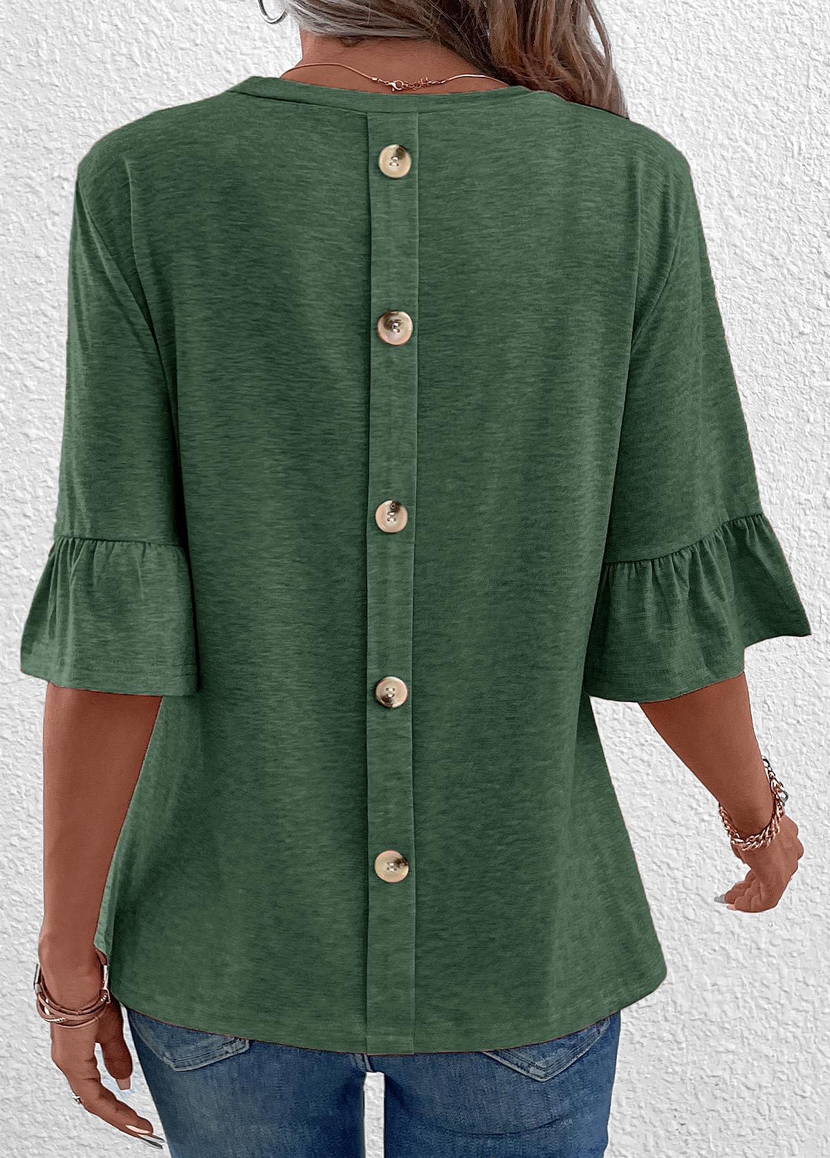 Green Button Half Sleeve Round Neck T Shirt