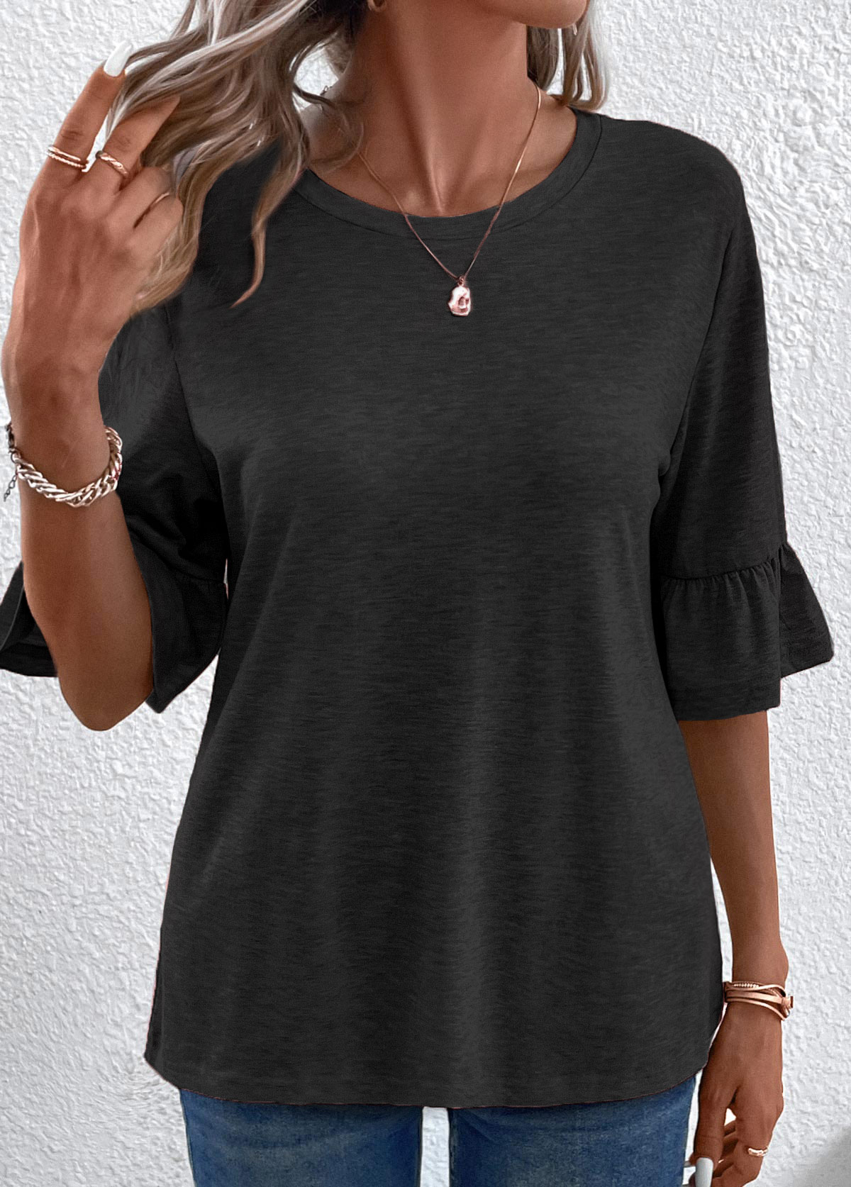 Black Button Half Sleeve Round Neck T Shirt | modlily.com - USD 27.98