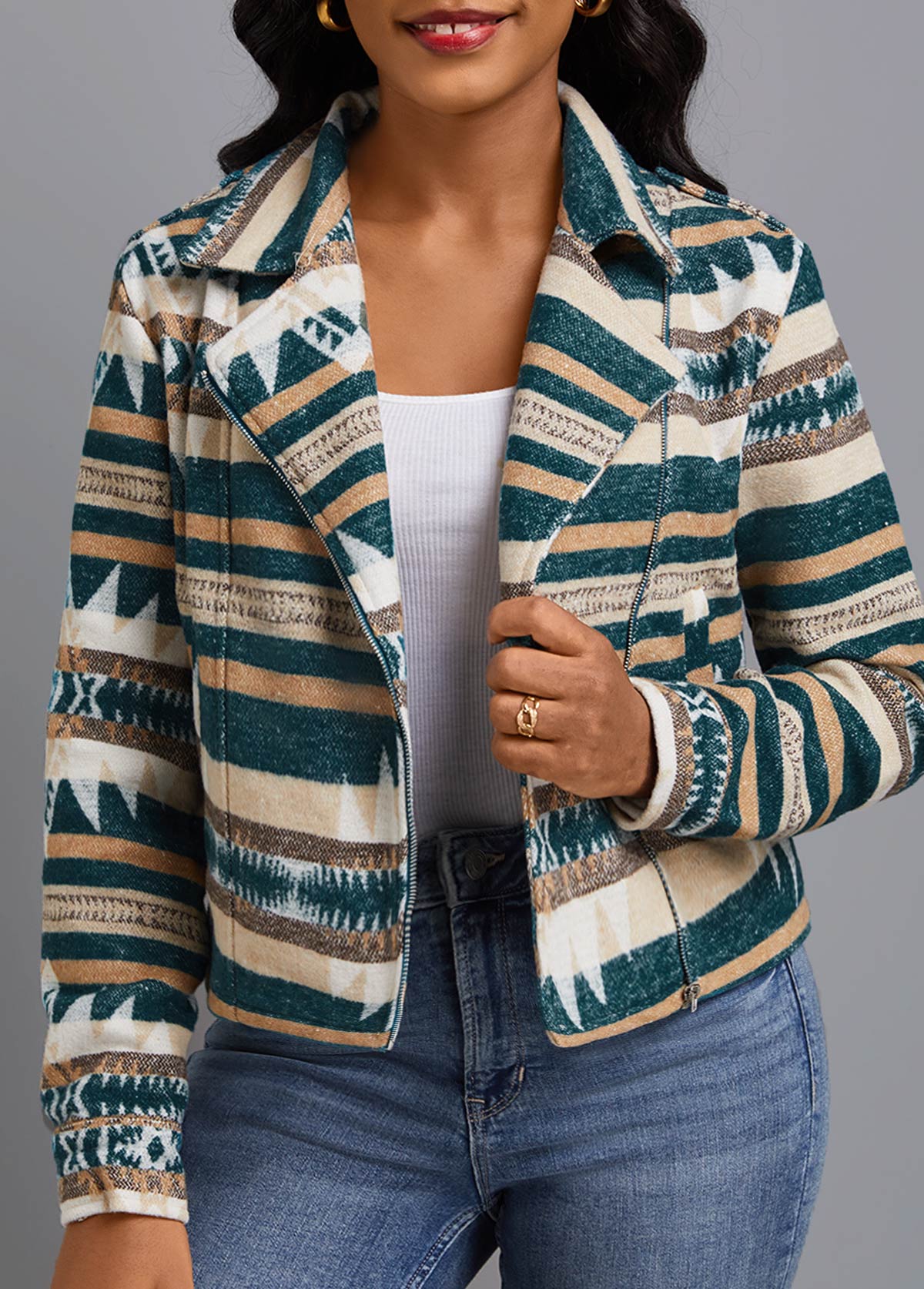 Turquoise Patchwork Striped Long Sleeve Lapel Coat