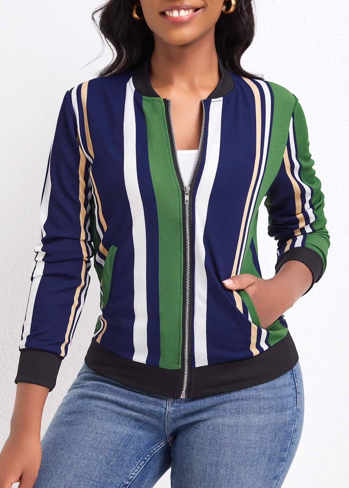 Green Pocket Multi Stripe Print Long Sleeve Coat