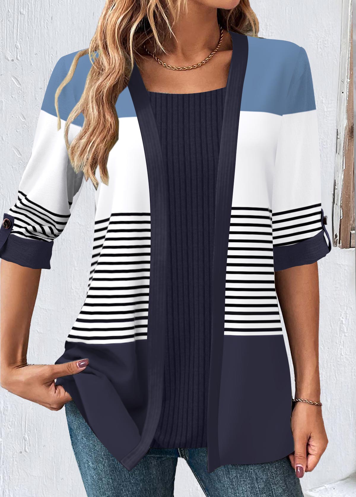 Square Neck Navy Patchwork Striped T Shirt