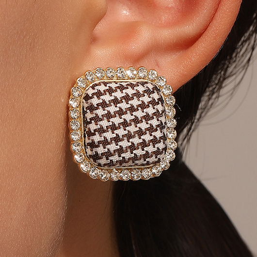 Gold Houndstooth Rhinestone Detail Alloy Earrings