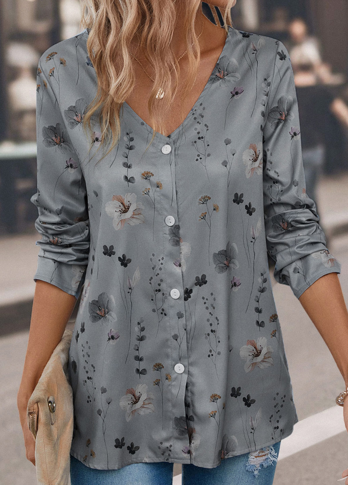 Grey Button Floral Print Long Sleeve Blouse