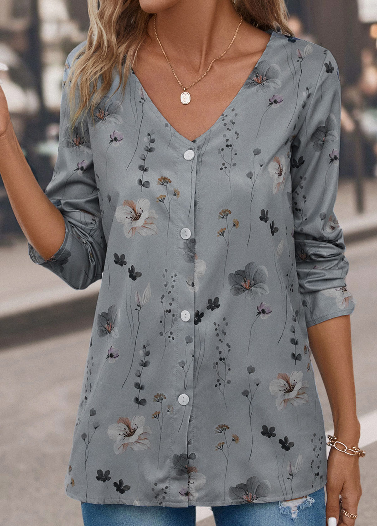 Grey Button Floral Print Long Sleeve Blouse